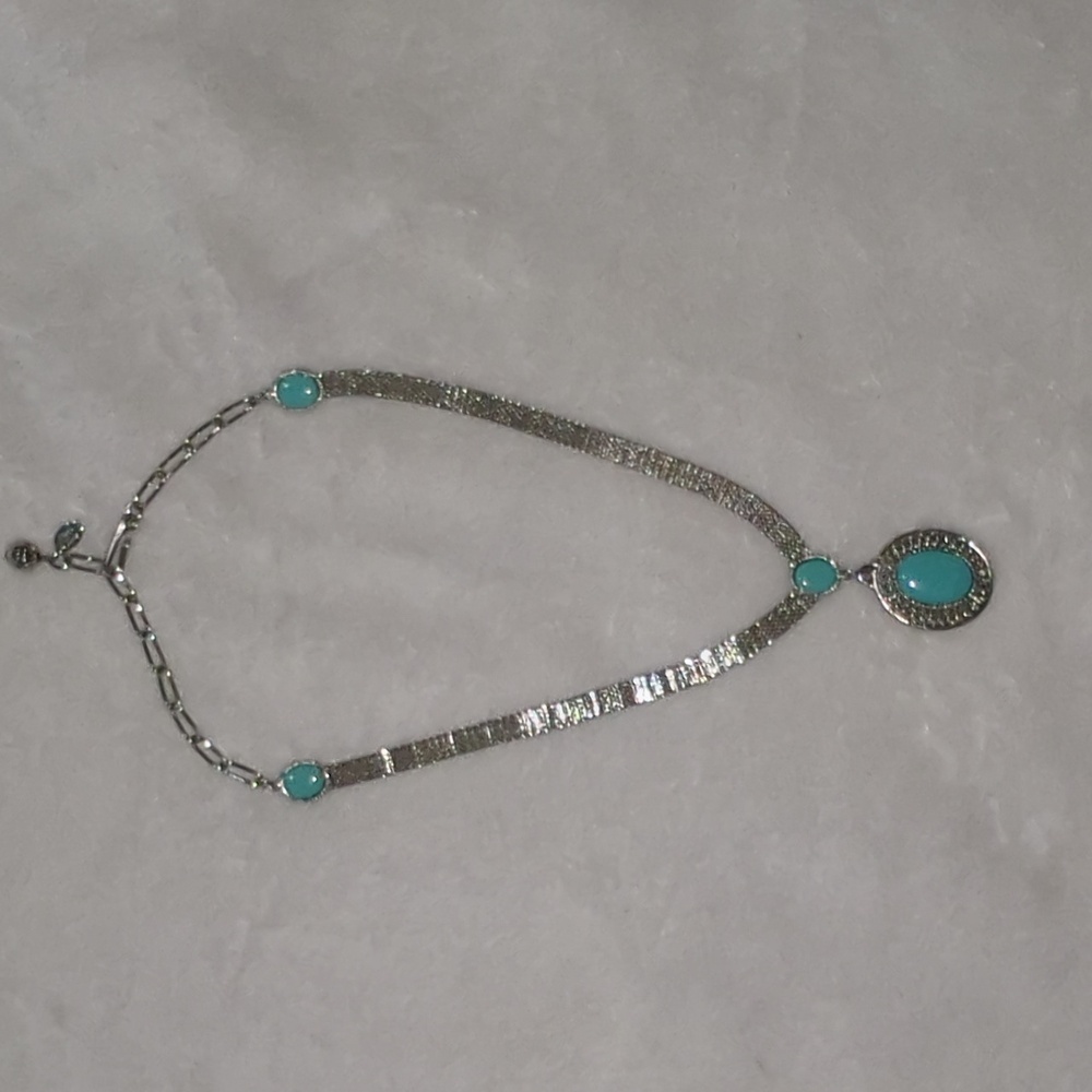 Vintage Park Lane Silver Tone Mesh Choker Necklace & Turquoise Pendant